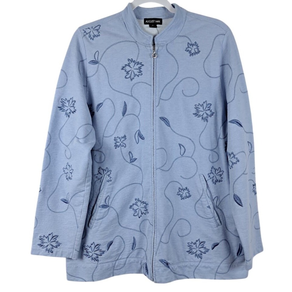 Vintage‎ AUGUST MAX S Zip Up Cotton Knit Jacket Light Blue Floral Embroidered